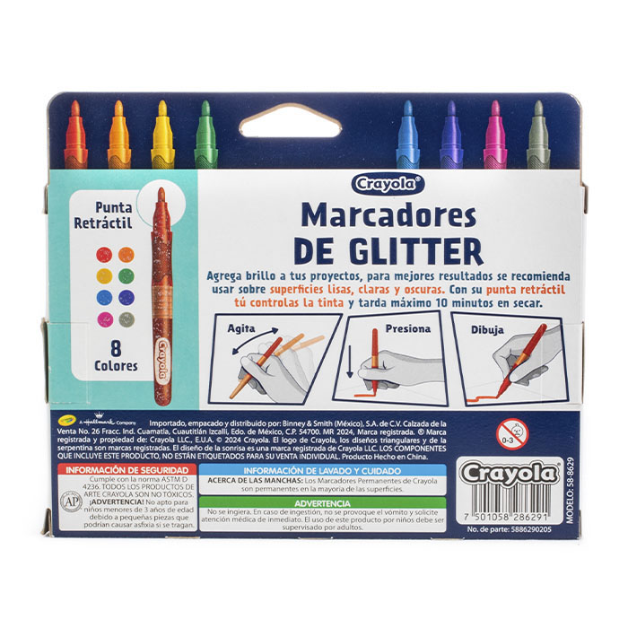 Plumones Glitter 8 pzs vista trasera