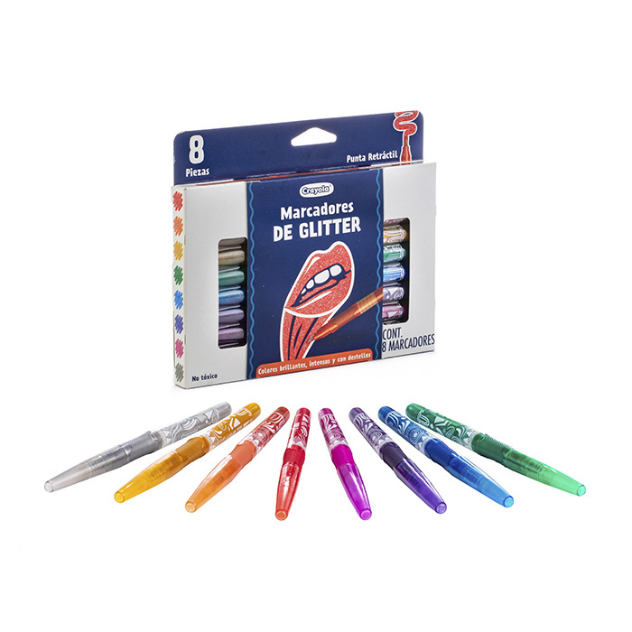 Plumones Glitter 8 pzs embalaje y contenido