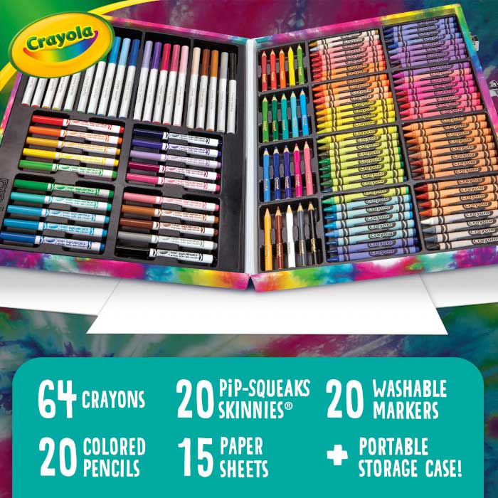 Inspiration art case, tie dye.  64 crayons, 20 pip-squeaks skinnies, 20 washable markers, 20 colored pencils, 15 paper sheets   portable storage case.