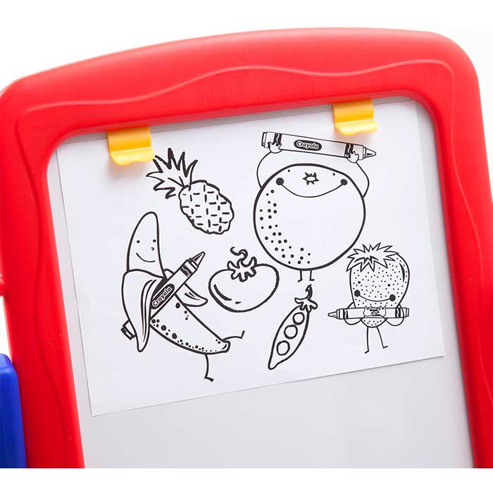 Qwikflip 2-sided easel. close up of top of easel with paper clips.