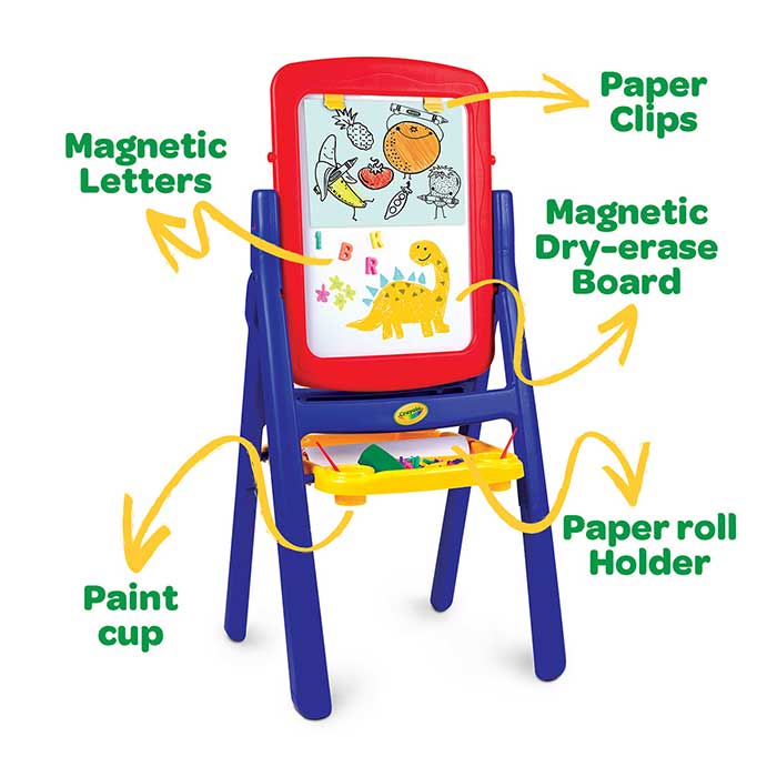 Qwikflip 2-sided easel. magnetic letters. paper clips. magnetic dry-erase board. paint cup. paper roll holder.