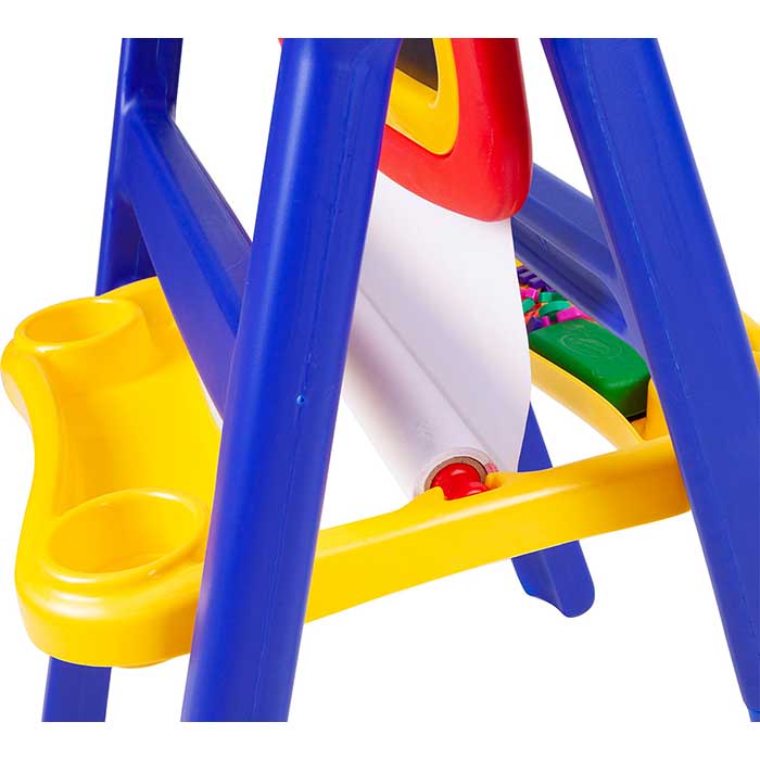 Qwikflip 2-sided easel. close-up of paper roll holder and paint cup tray.