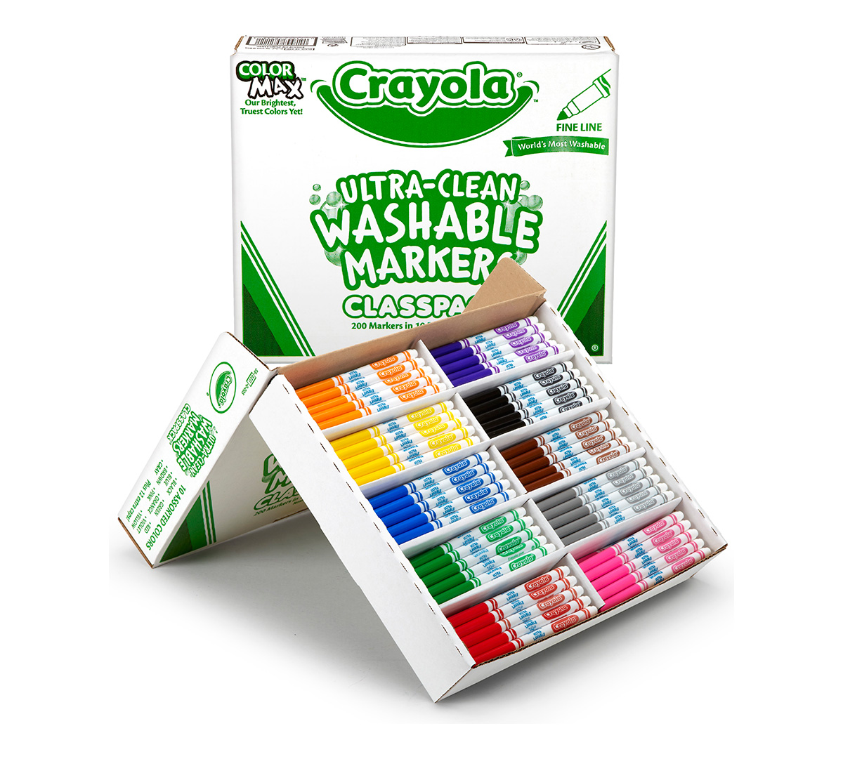 Ultra-Clean Washable Fine Line Markers Classpack, 200 Count, 10 Colors. packaging and contents. left view.