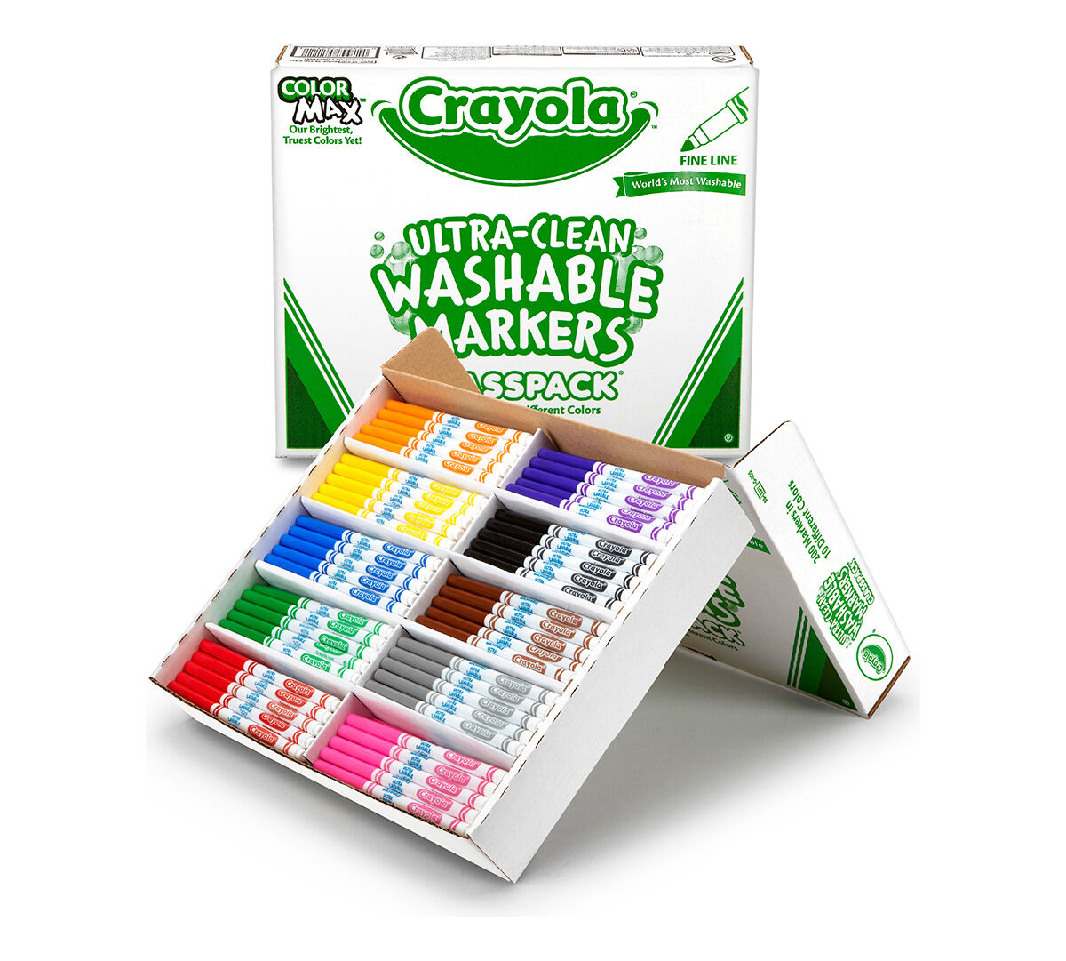 Ultra-Clean Washable Fine Line Markers Classpack, 200 Count, 10 Colors. packaging and contents. right view.