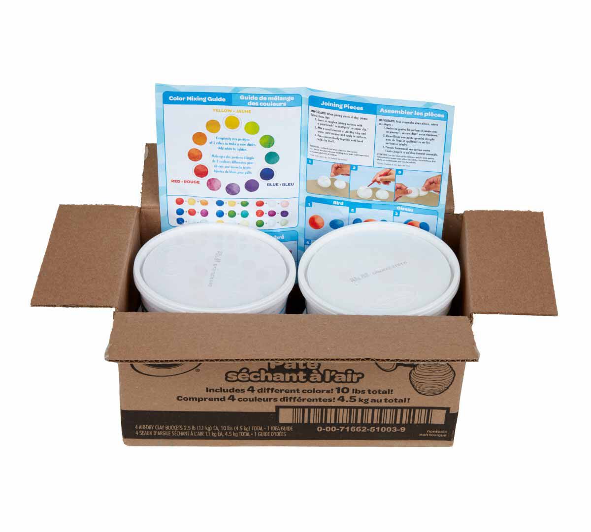 4-in-1 Air Dry Clay. (4) 2.5lb resealable buckets. classic colors.  open packaging with contents inside.