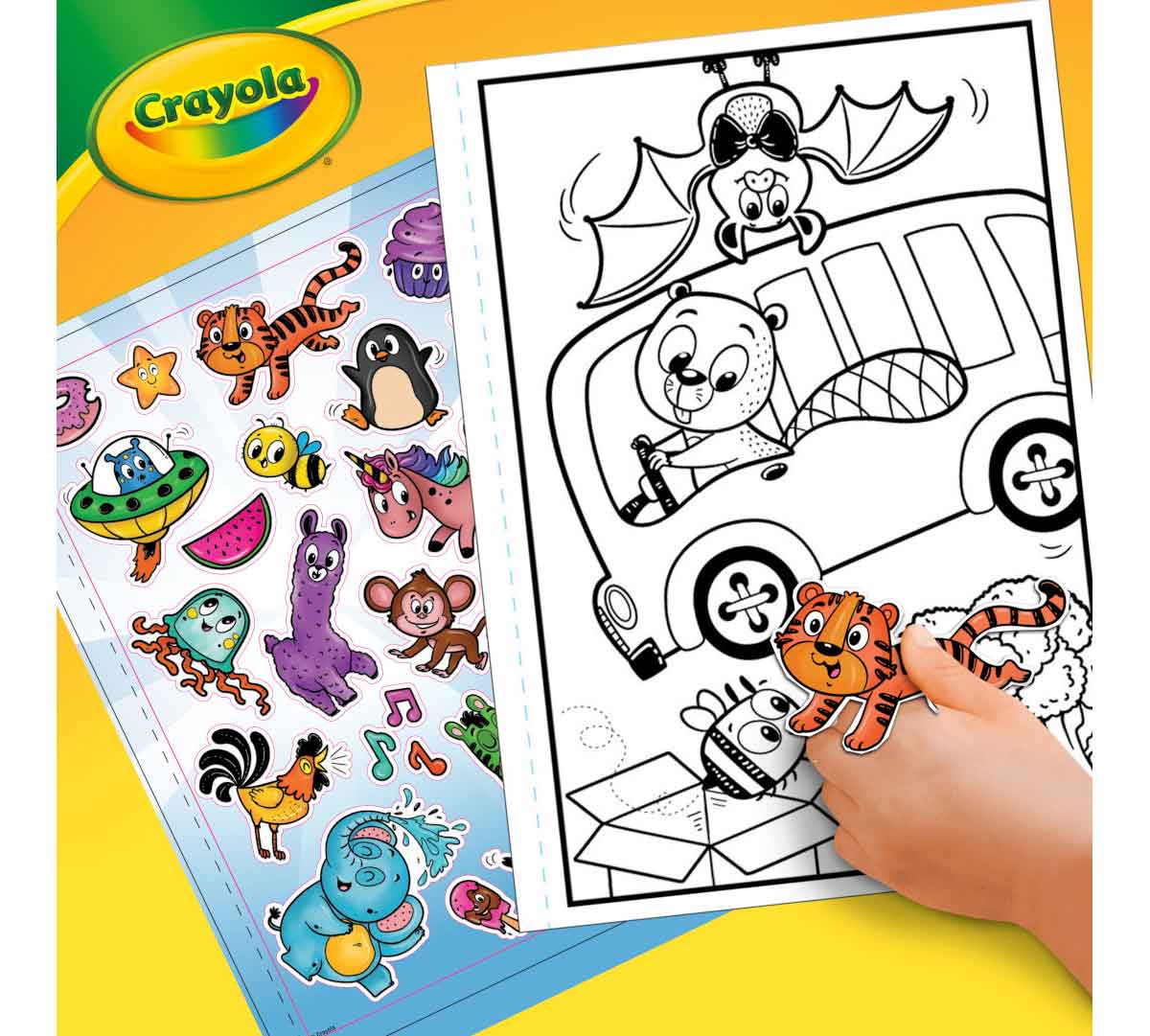 Alpha Pets Coloring Book. Sticker page and hand applying tiger sticker to coloring page.