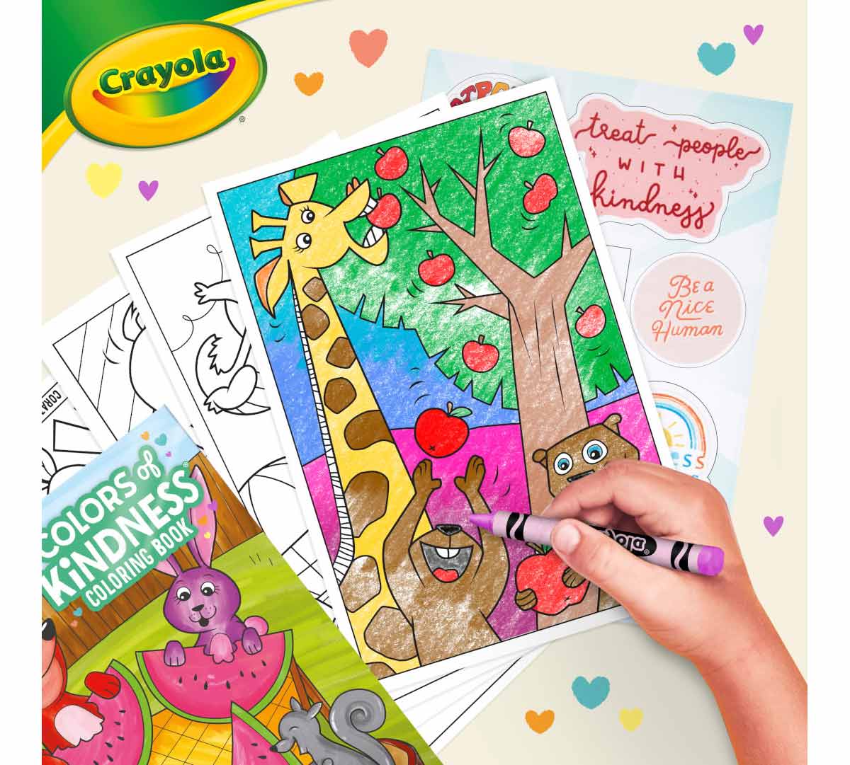 Colors of Kindness Coloring Book  96 pages. Hand coloring in giraffe eating apples.