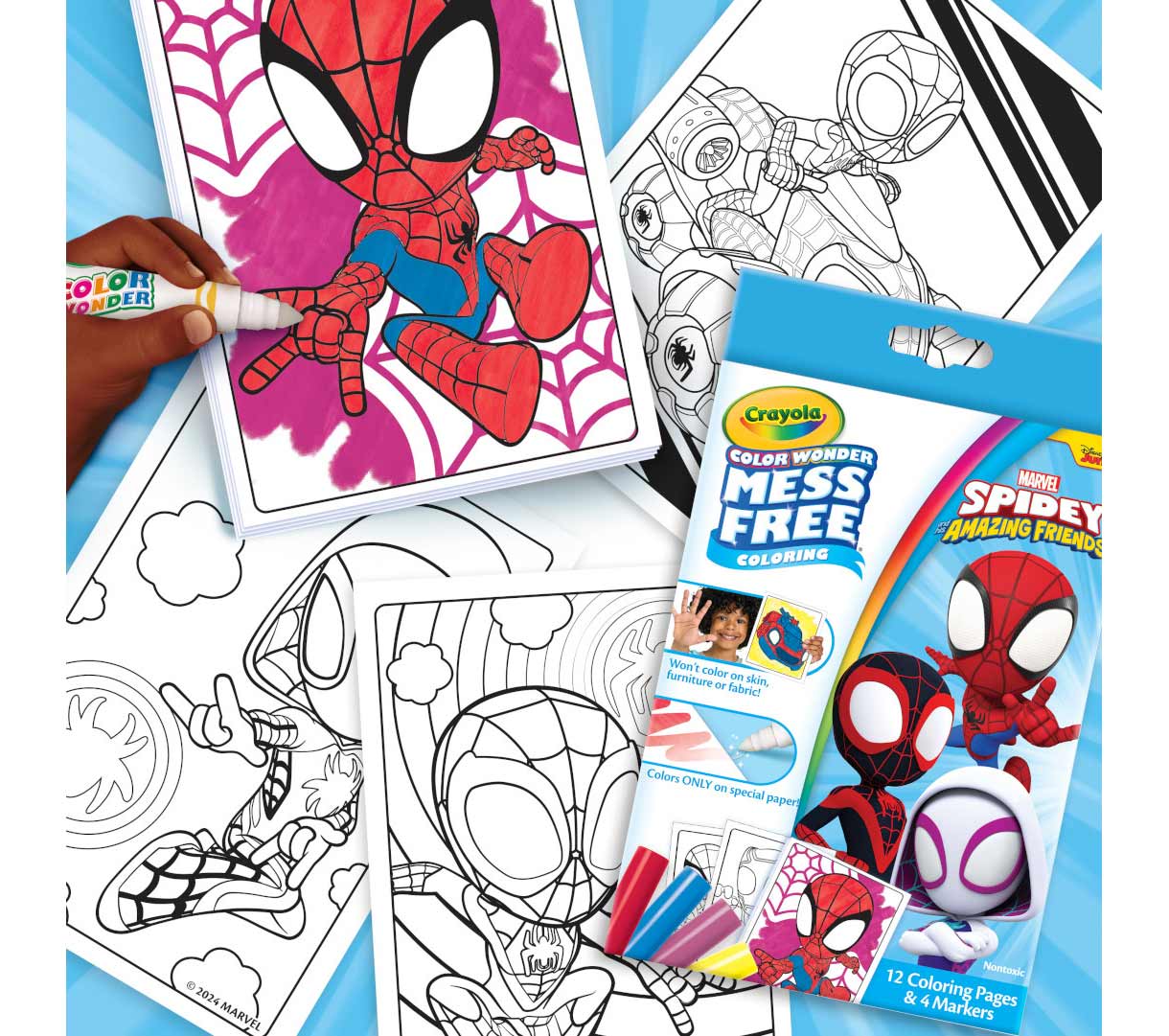 Color Wonder mini box set  Spidey and his amazing friends color sheets and markers. One spidey sheet being colored in.