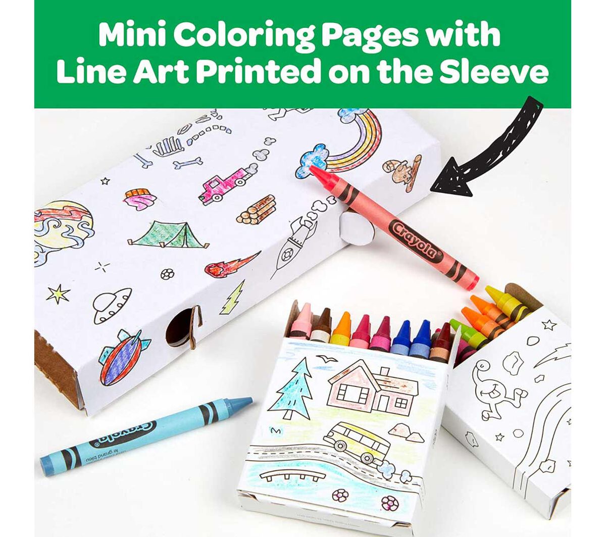 Crayons with Tub, 240 crayons, 120 colors. mini coloring pages with line art printed on the sleeve.
