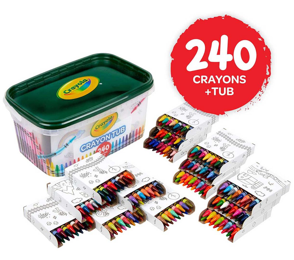 Crayons with Tub, 240 crayons, 120 colors. packaging and contents.