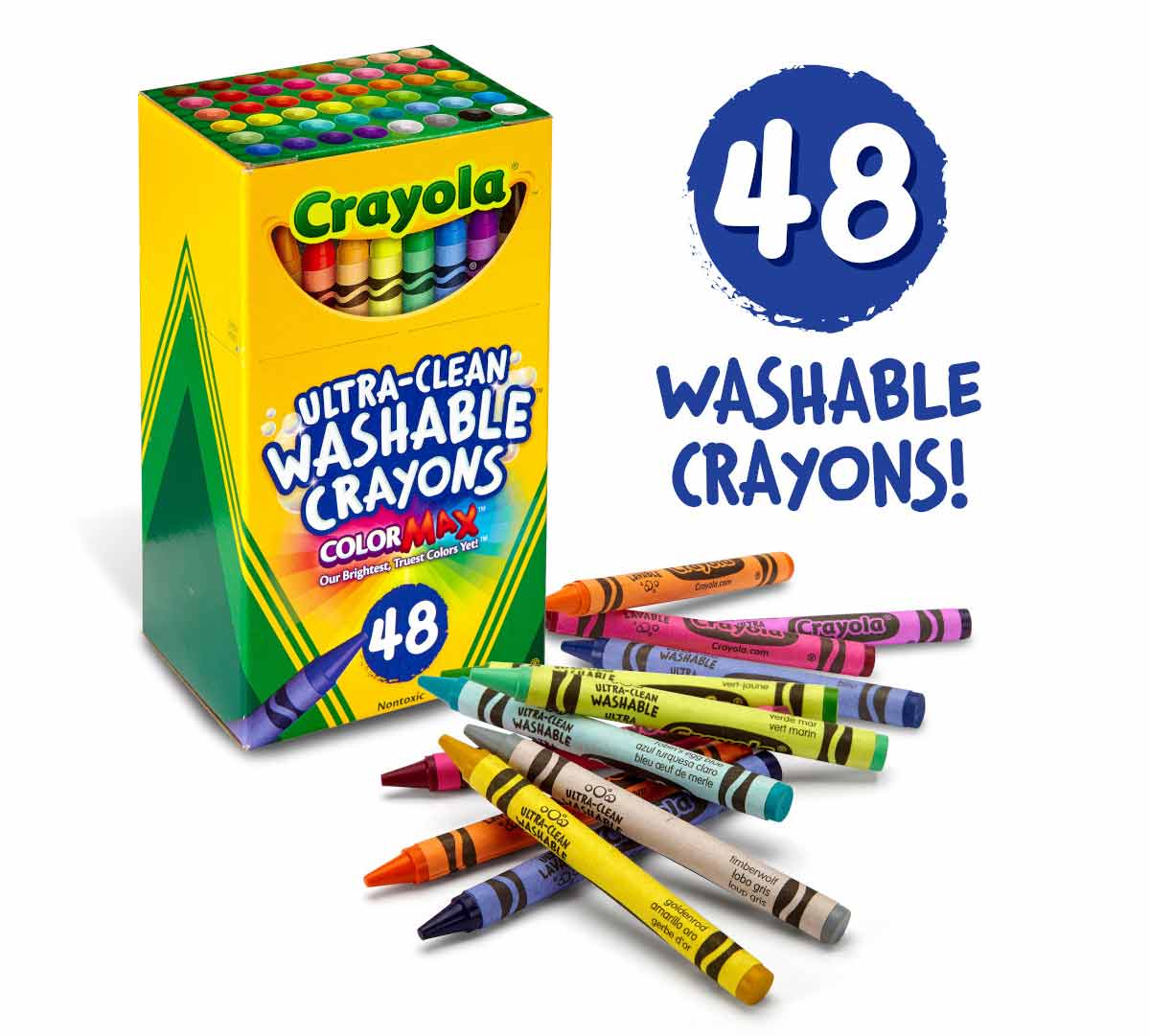 Ultra-Clean Washable Crayons  48 count. 48 washable crayons! Box with stack of crayons.