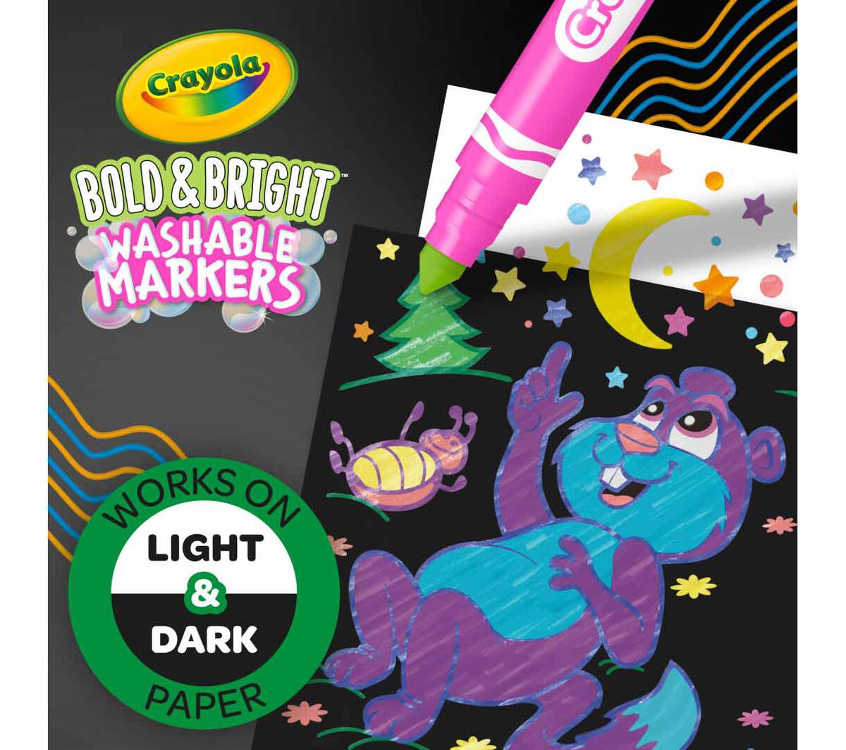 Bold and Bright Broad Line Washable Markers, 10 Count. Works on light & dark paper.