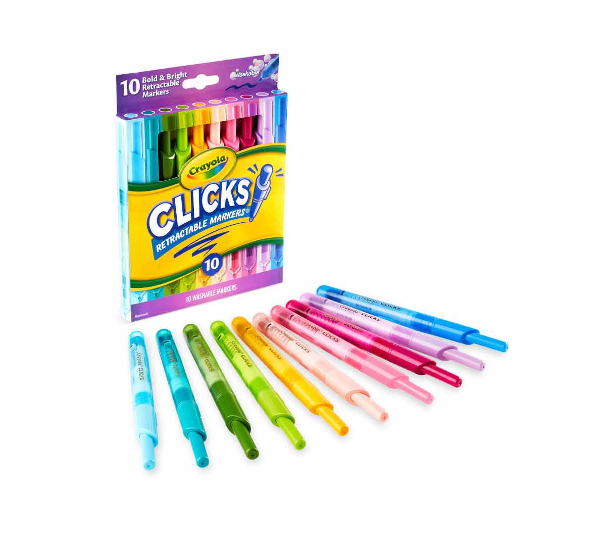 Washable CLICKS Retractable Markers™  Bold and Bright 10 count packaging and contents.