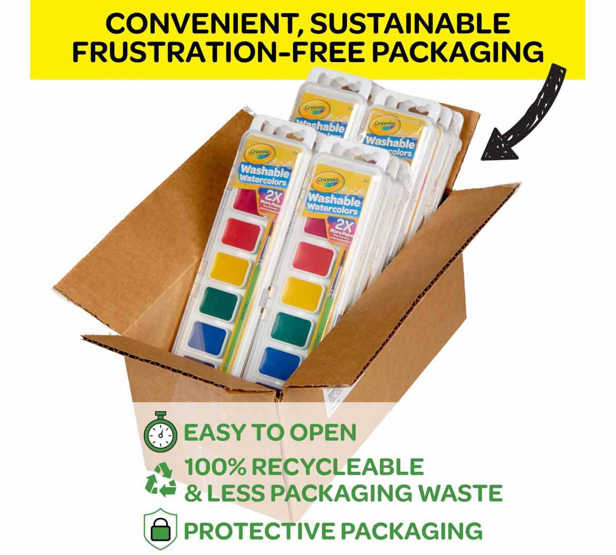 Washable Watercolors, 12 count, 8 colors. Convenient, sustainable frustration-free packaging. easy to open, 100% recyclable & less packaging waste.