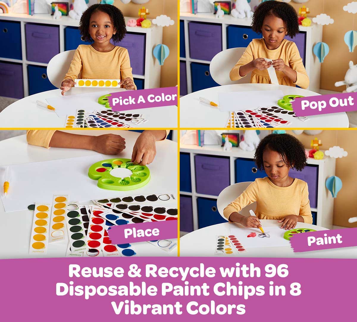 Washable Pop & Paint Watercolor Palette  reuse and recycle with 96 disposable paint chips in 8 vibrant colors. Pick a color.  Pop Out.  Place. Paint.