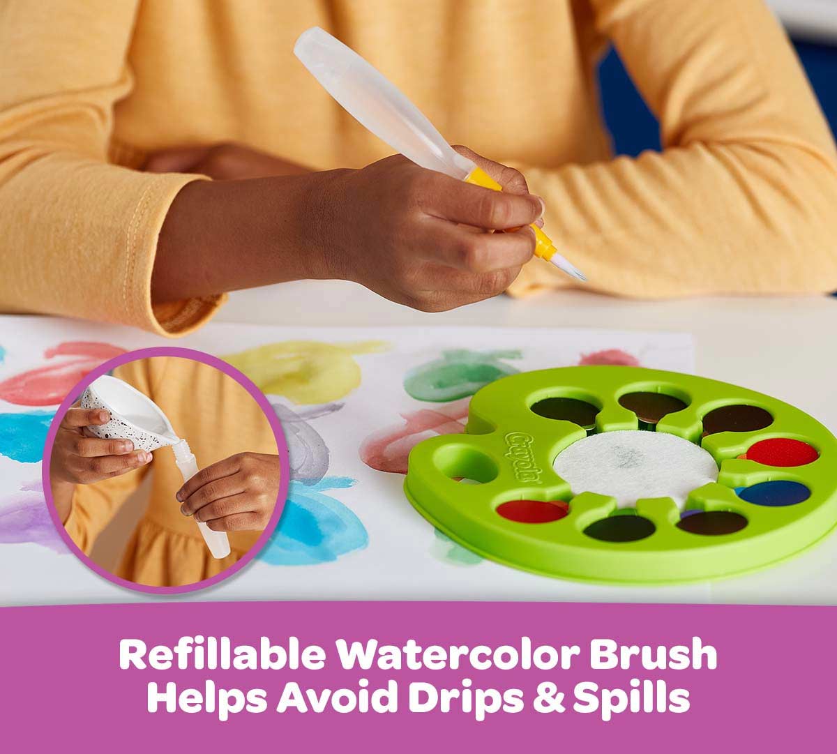 Washable Pop & Paint Watercolor Palette  refillable watercolor brush helps avoid drips and spills.