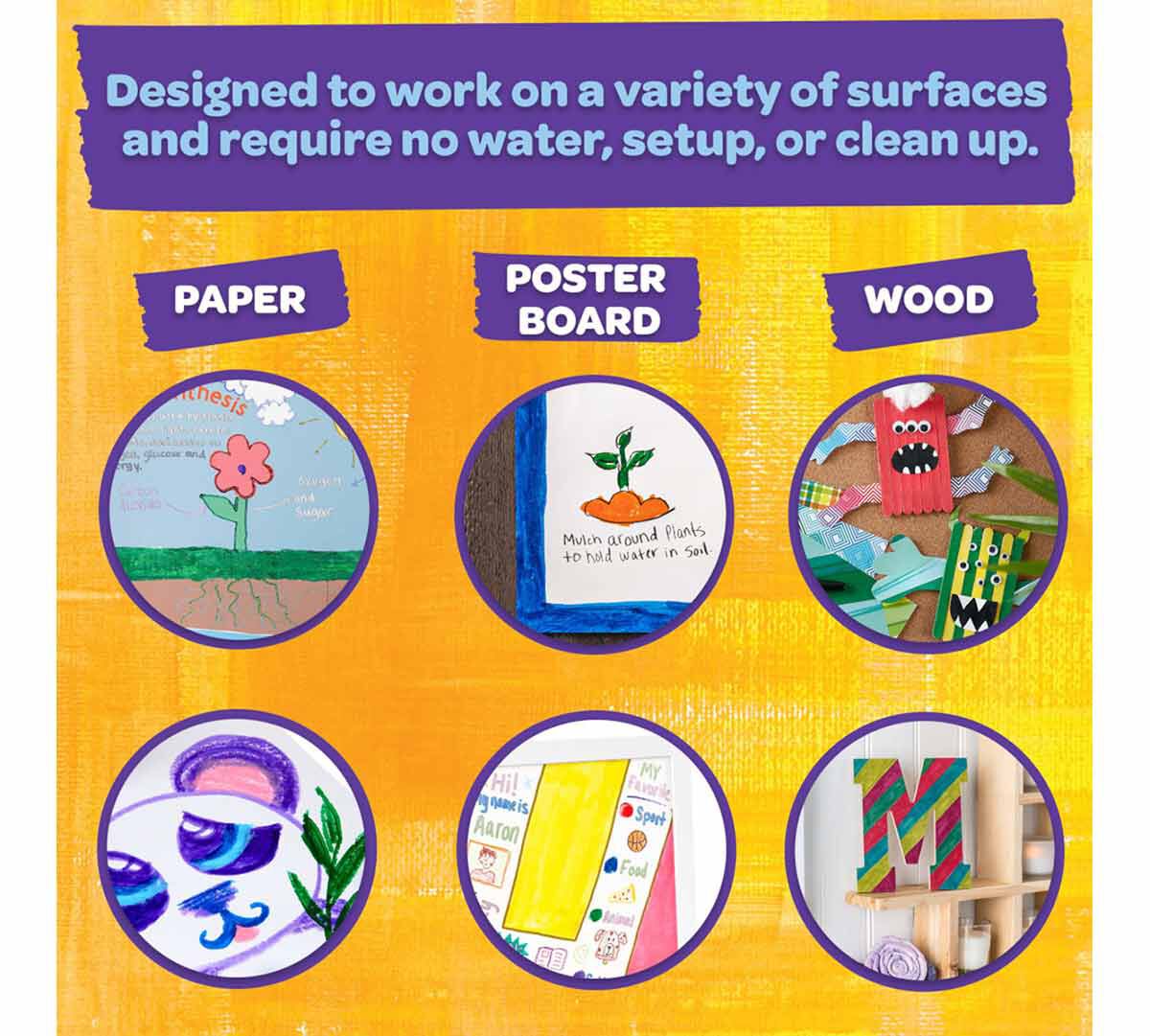 Washable paint sticks, kids paint set, 6 count. designed to work on a variety of surfaces & require no water, setup, or cleanup.