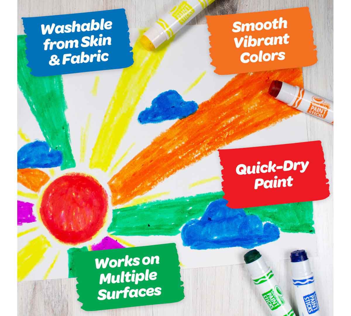 Washable paint sticks, kids paint set, 6 count. washable from skin & fabric. smooth vibrant colors. works on multiple surfaces. quick dry paint.