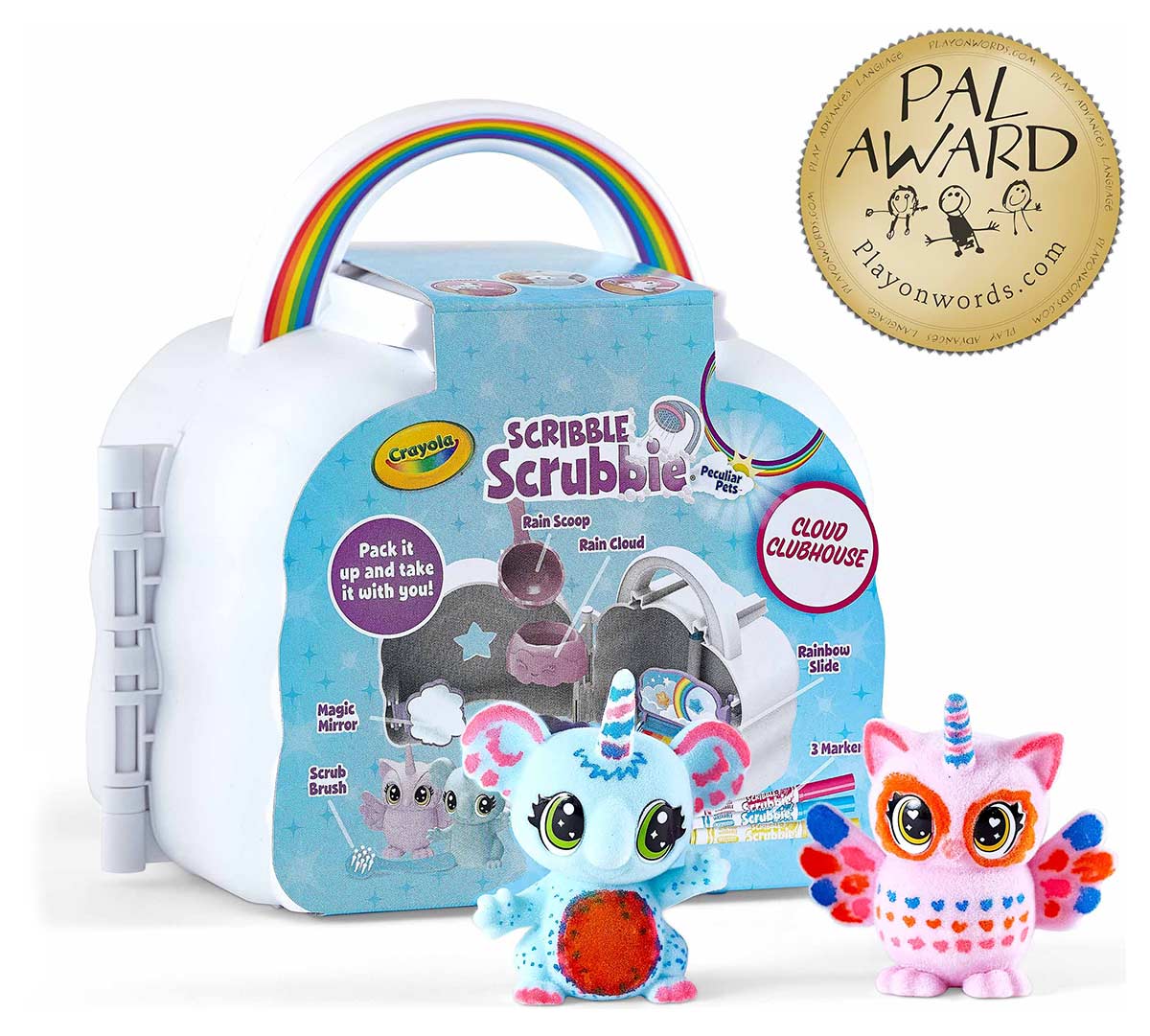 Scribble Scrubbies Cloud Clubhouse front of packaging and two pets with Pal Award Seal