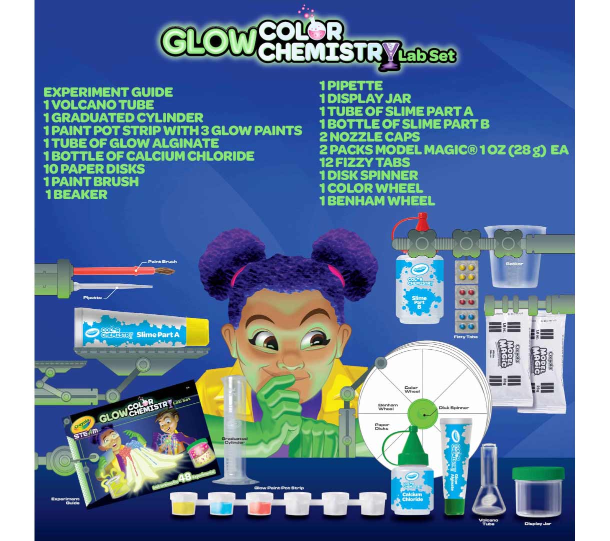 Crayola Glow Color Chemisty Set list of contents.