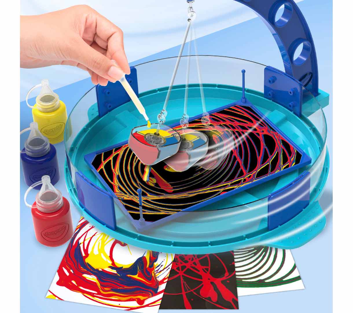 Washable Paint Pendulum.  Hand adding ink to swinging pendulum.
